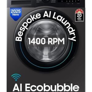Samsung 12 kg, 5star, AI Ecobubble, Super Speed, Wi-Fi, Hygiene Steam with Inbuilt Heater, Digital Inverter, Fully-Automatic Front Load Washing Machine (WW12DG5B24AXTL, Inox Black color steal)