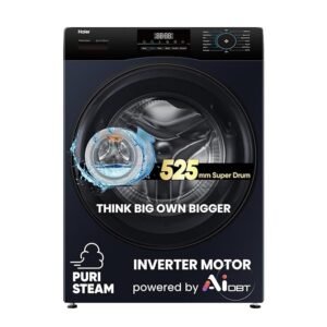 Haier 8 Kg 5 Star Powered by AI-DBT with PuriSteam, 525mm Super Drum Fully Automatic Front Load Washing Machine (EFL80-IM12IBIEBK, Inverter with In-Built Heater, Stainless Steel Drum, Black)